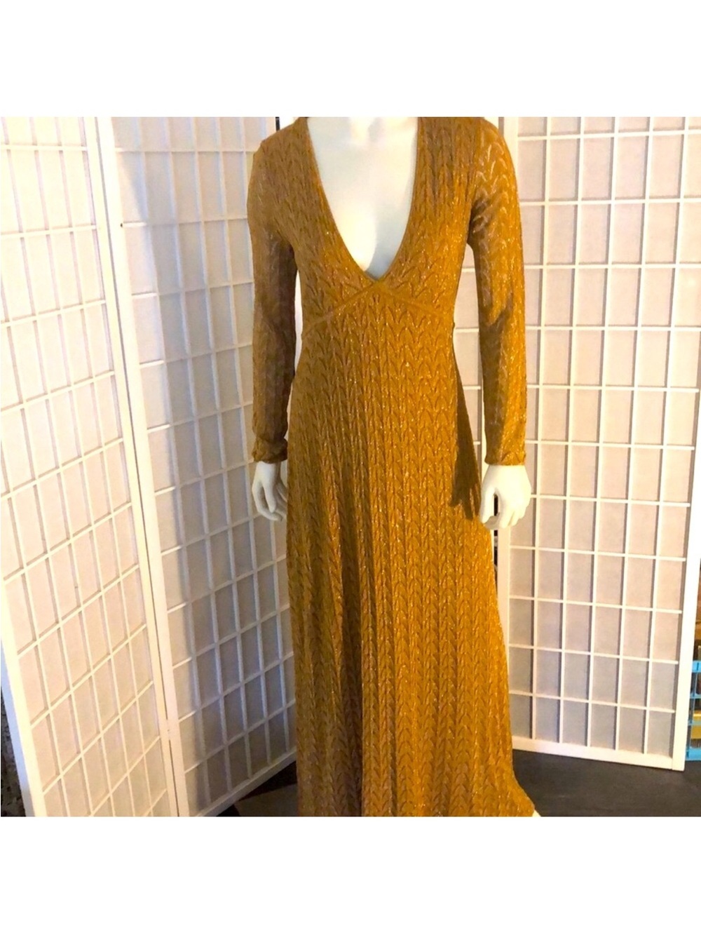 Zara Deep V-Neck Long Sleeve Maxi Dress in Mustard Gold